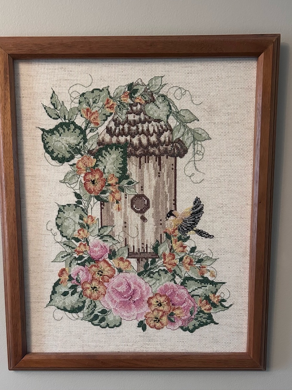 Vintage Bucilla Cross Stitch Birdhouse Floral 
Framed Wall Art